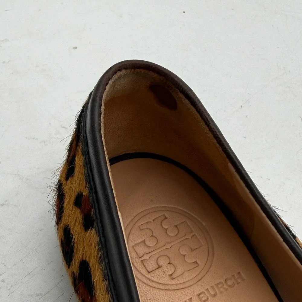 Tory Burch Ballet Flats Reva Calf Hair Leopard Print Brown Womens Size 7M